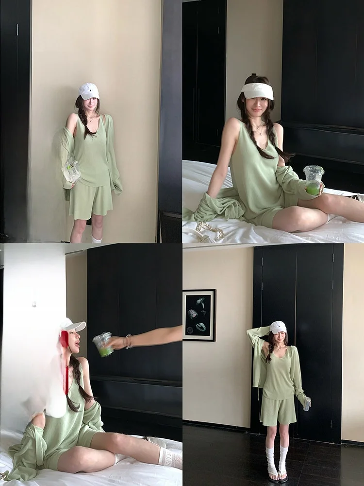 

Комплект из двух предметов Skk Store Lazy Person's Smoothie Tee-Piece Set l Series: льняной вязаный топ с длинными рукавами и брюки средней длины для женщин