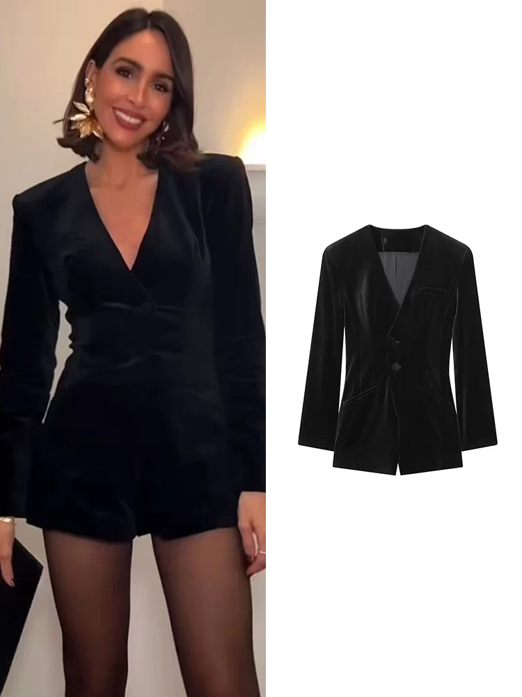    Elegancki damski kombinezon z krótkim rękawem, marynarka, dekolt w serek, dopasowany krój, długi rękaw, moda streetwear, damskie kombinezony z płaskiego aksamitu, nowość na wiosnę.