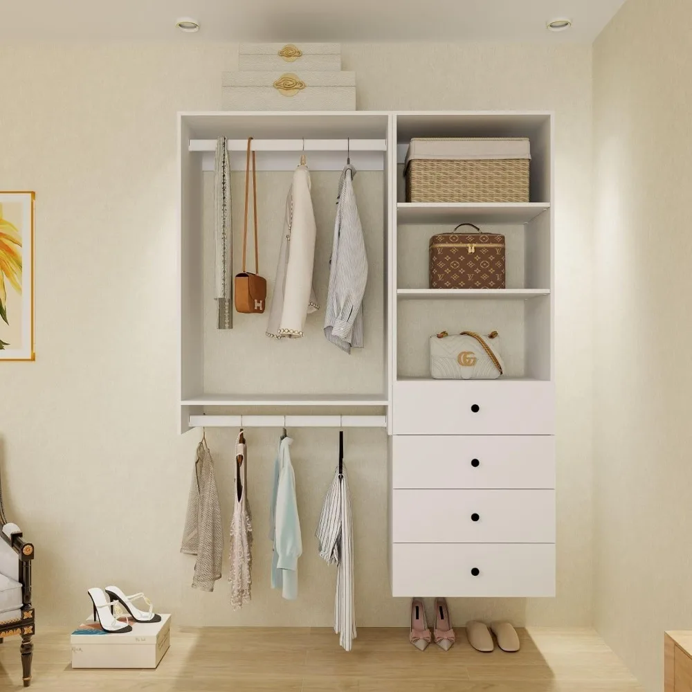 Modular Closet Organizer System, Wall-Mounted Cabinet with Hanging Rails and Drawers Walk-In Closet System for Bedroom