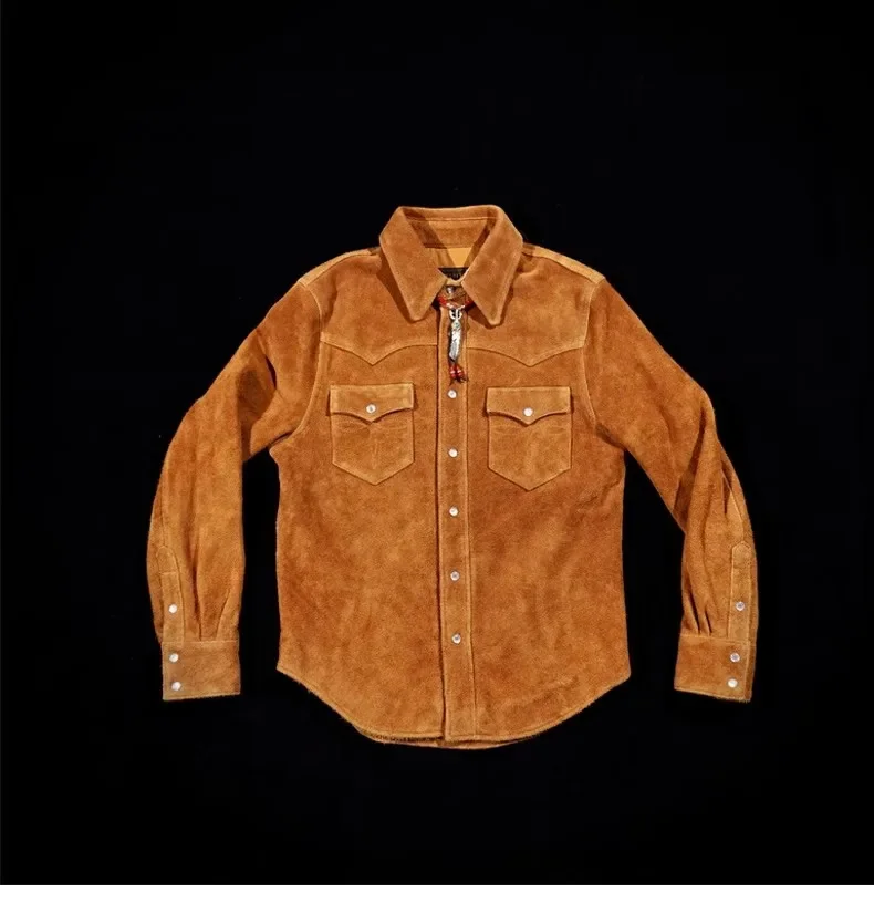 YR!Wholesales.American retro Western denim style leather shirts.Luxury Italy kid lamb suede shirt.quality natural