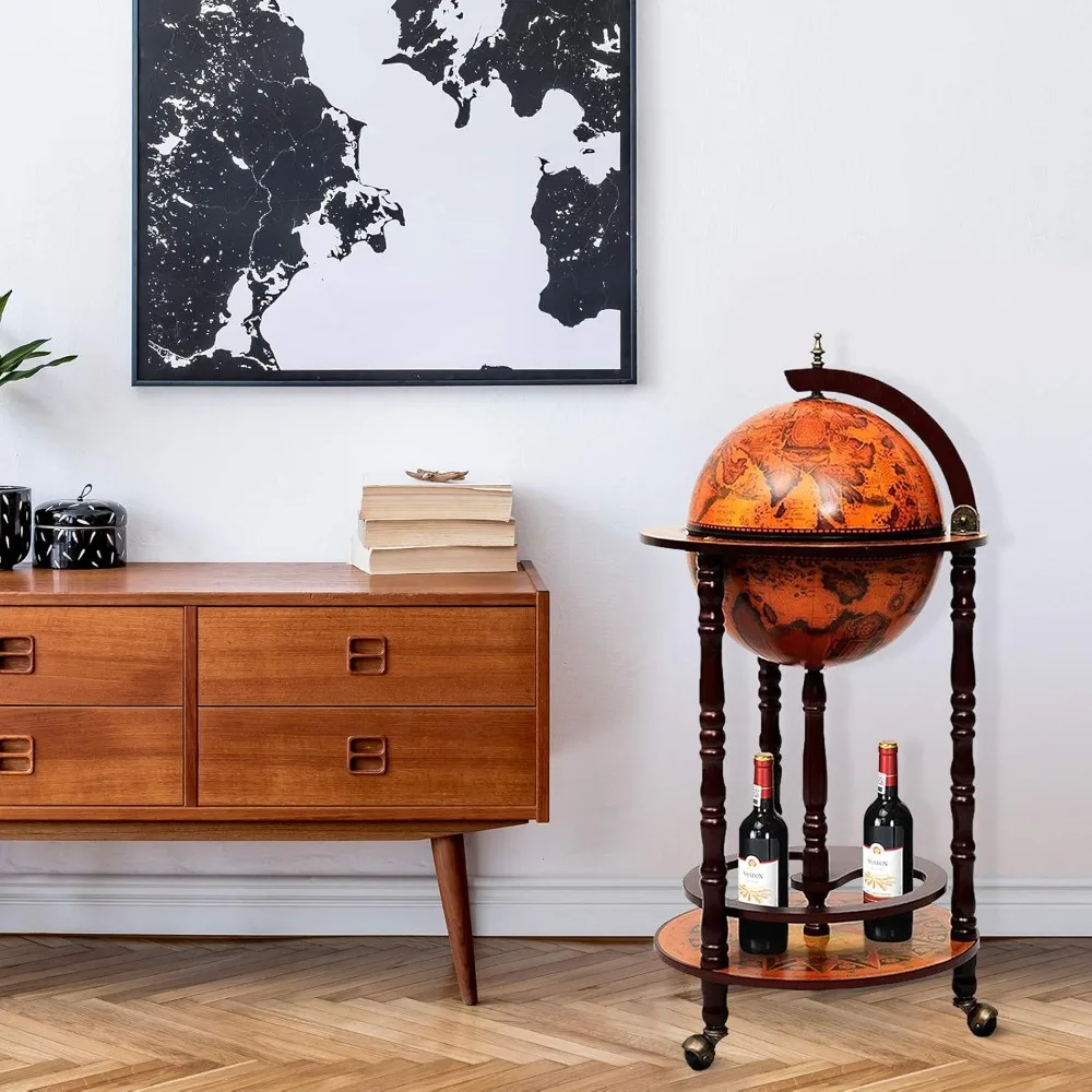 Wood Globe Bar Liquor Cabinet, 16th Century Italian Replica Bar Stand , Vintage Alcohol Cart w/Liquor Shelves