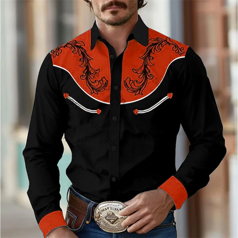 2024 Floral Retro Western Men\'s Shirt Outdoor Street Casual Daily Spring Summer Lapel Long Sleeve Black S-5XL Stretch Fabric