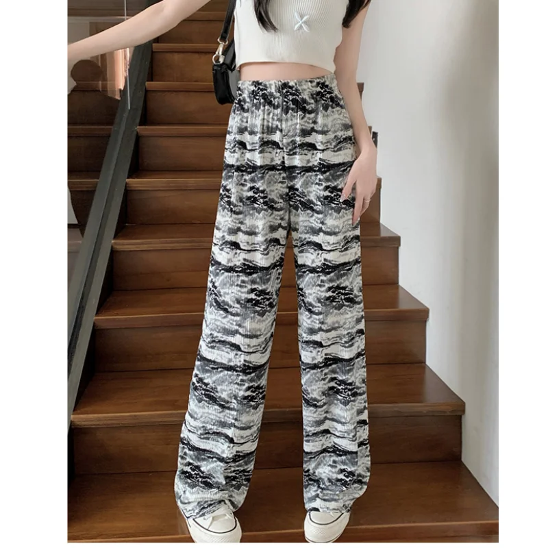 

Women Bottoms Vintage Black Tie Dye Casual Pants High Waist Wide Leg Straight Pants Fashion Street Baggy Bind Feet Trouser Ladie