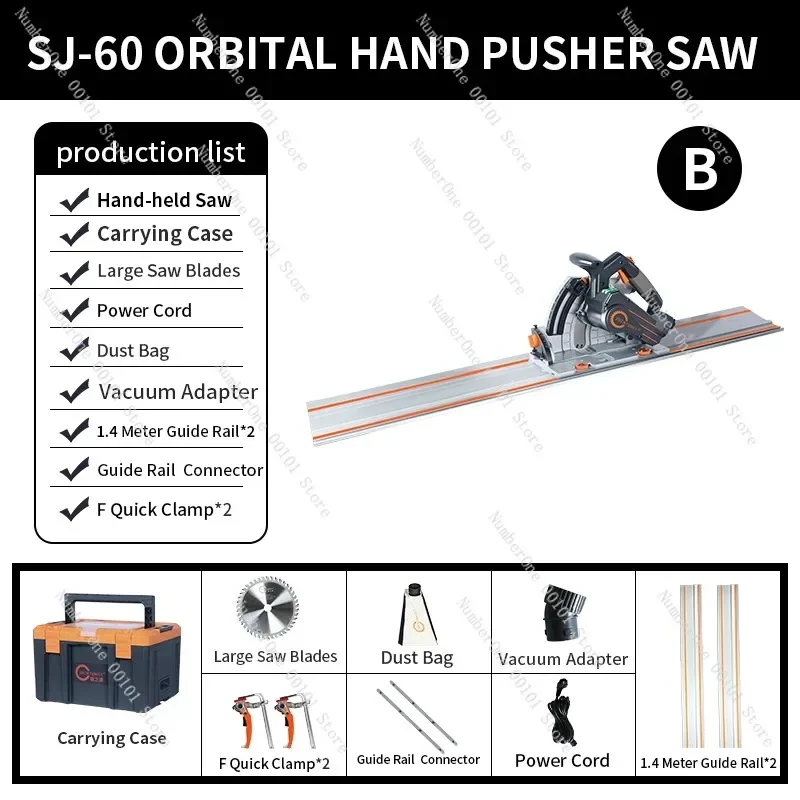 JZY 2000W SJ-60 Brushless Circular Saw with 2 x 1.4m Aluminum Alloy Rail Guide for Woodworking