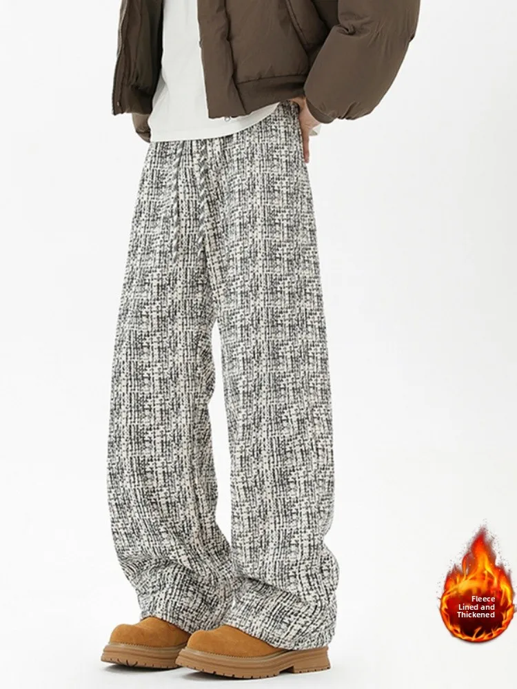 

Loose Winter Plaid Pants Men's Thiened Fce Casual Trousers Draped Loose Feeling Wearing Comfortably Long Straight Leg Tr...