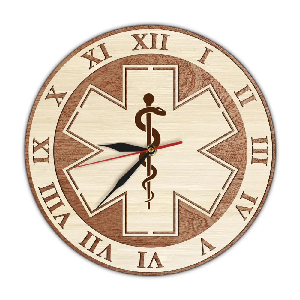 

Star of Life With Snake Rustic Wooden Wall Clock Medical Symbol Emergency Rod Of Asclepius Paramedic Clock EMS EMT Wall Watch