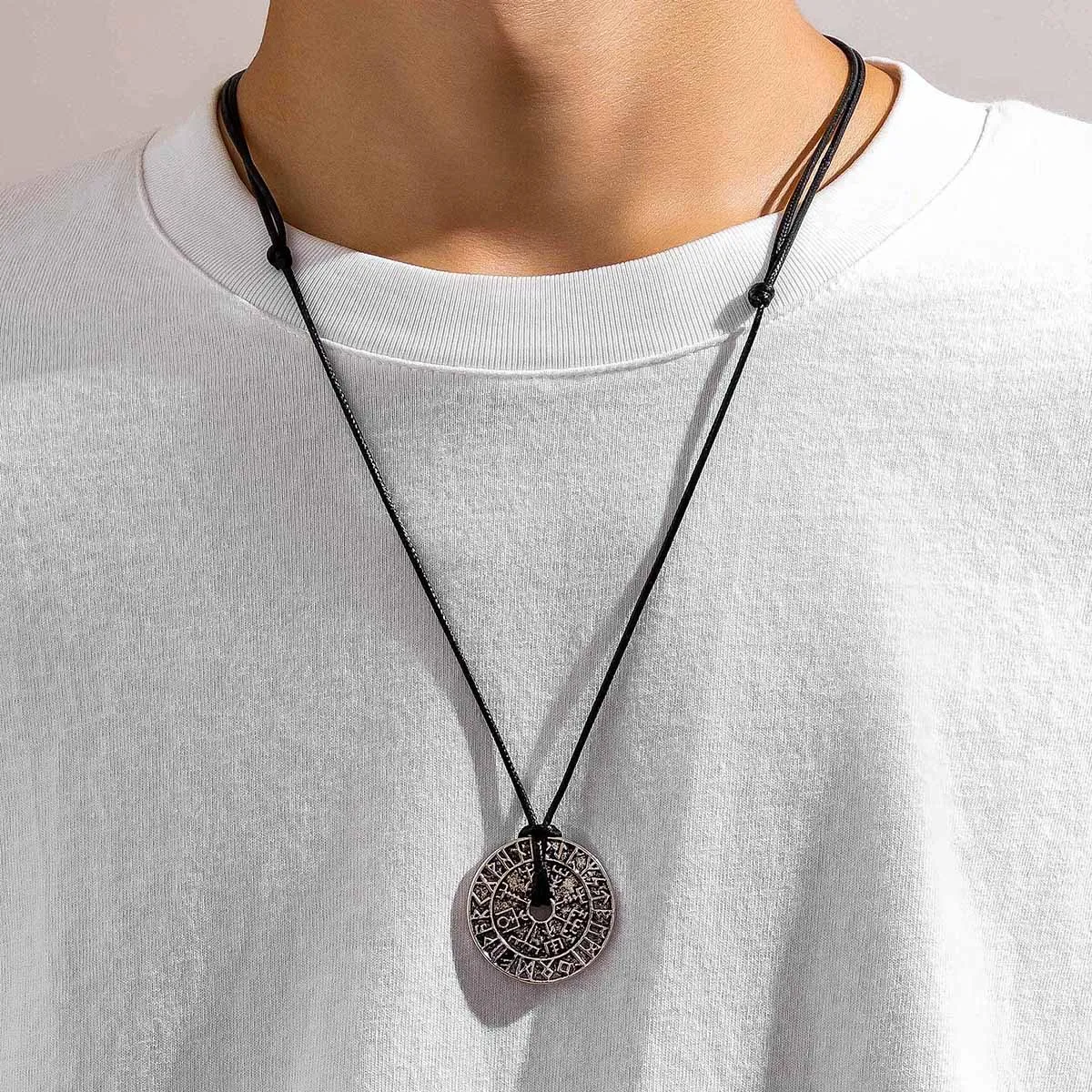 Vintage Long Rope Chains with Round Rune Pendant Necklace for Men Trendy Accessories on the Neck 2023 Fashion Jewelry Male Gifts