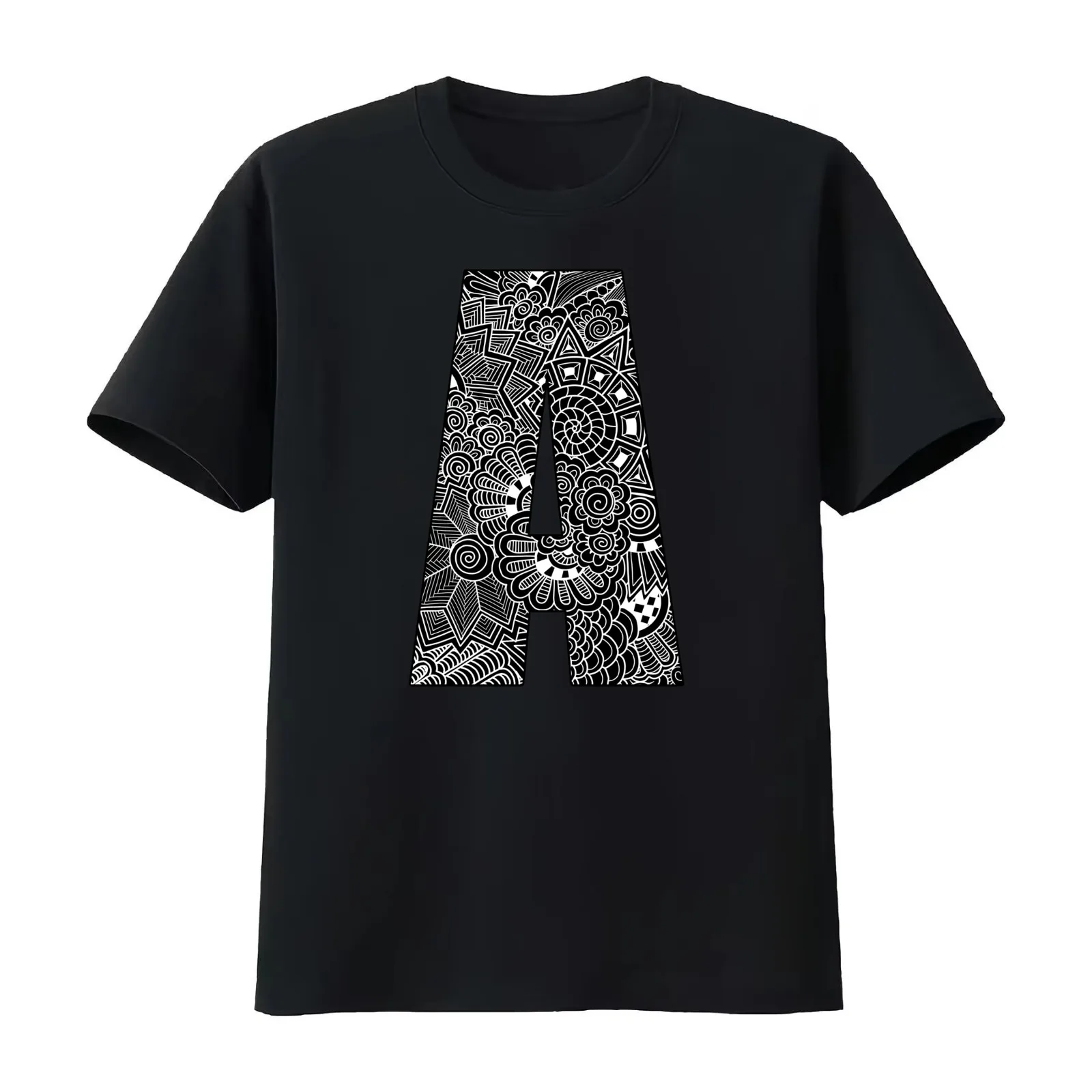 Monogram Letter A Black and White Flowers T-Shirt Summer Casual Cotton Tee Oversized Streetwear Tops Vintage Graphic Print