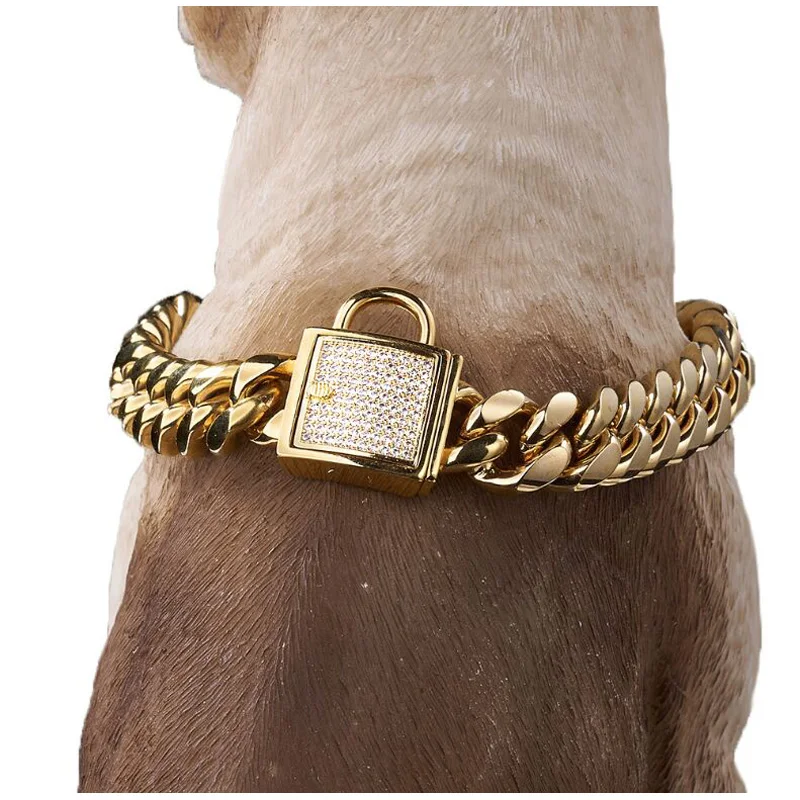 

Золотистый собачий ошейник на цепочке, товары для домашних животных, ошейник из нержавеющей стали, ожерелье 14 мм, кристальная Пряжка, кольцо для любой собаки