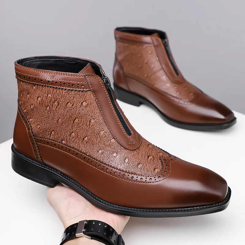 

Fashion New Men's Patent Leather Pointed Business Casual Brogues Ankle Boot for Men Winter Brand Designer Chelsea Leather Shoes
