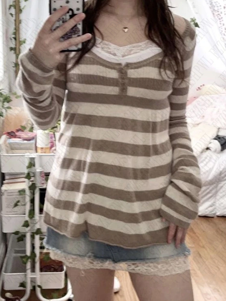 Casual fashion striped autumn and winter pullover sweater vintage Harajuku Y2K punk emo girls streetwear cute chic slim sweater