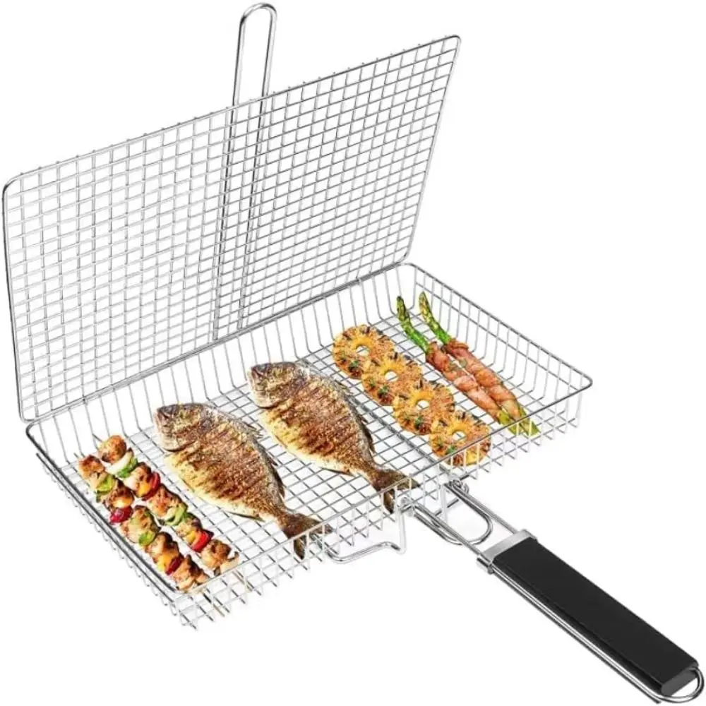 Food Grade Stainless Steel Grill Basket Lockable Design Large Size Fish Grill Basket Easy Clean Heavy Duty Grill Grate