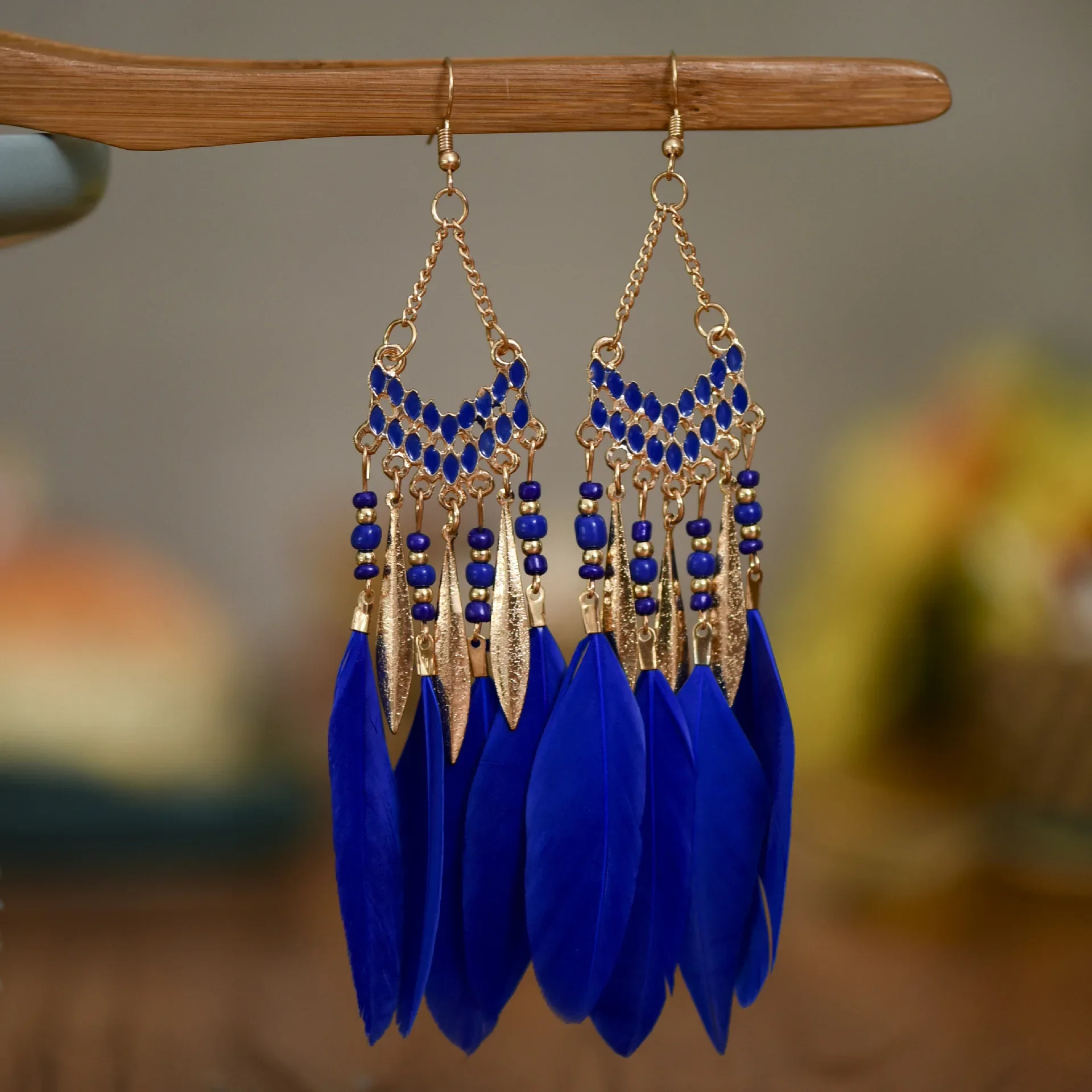 Boheemse Etnische Veren Bengelen Oorbellen Voor Vrouwen Trendy Lange Kwastjes Kleurrijke Kralen Drop Oorbellen Meisje Vrouwelijke Boho Sieraden