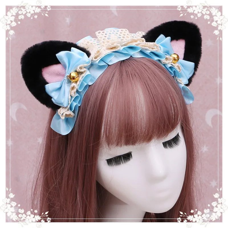 Women Girl Japanese Lolita Cosplay Headband Plush Lace Cat Ears Hairband Anime Party Costume Bow Tie Bell Halloween Accessories