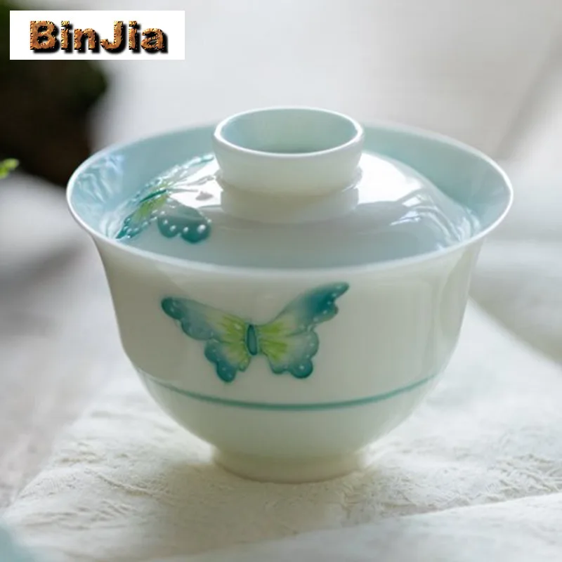 100ml Hand-painted Butterfly Gaiwan Traditional Tea Tureen Tea Bowl With Lid Kit Tea Making Cover Bowl Tea Services Decoration