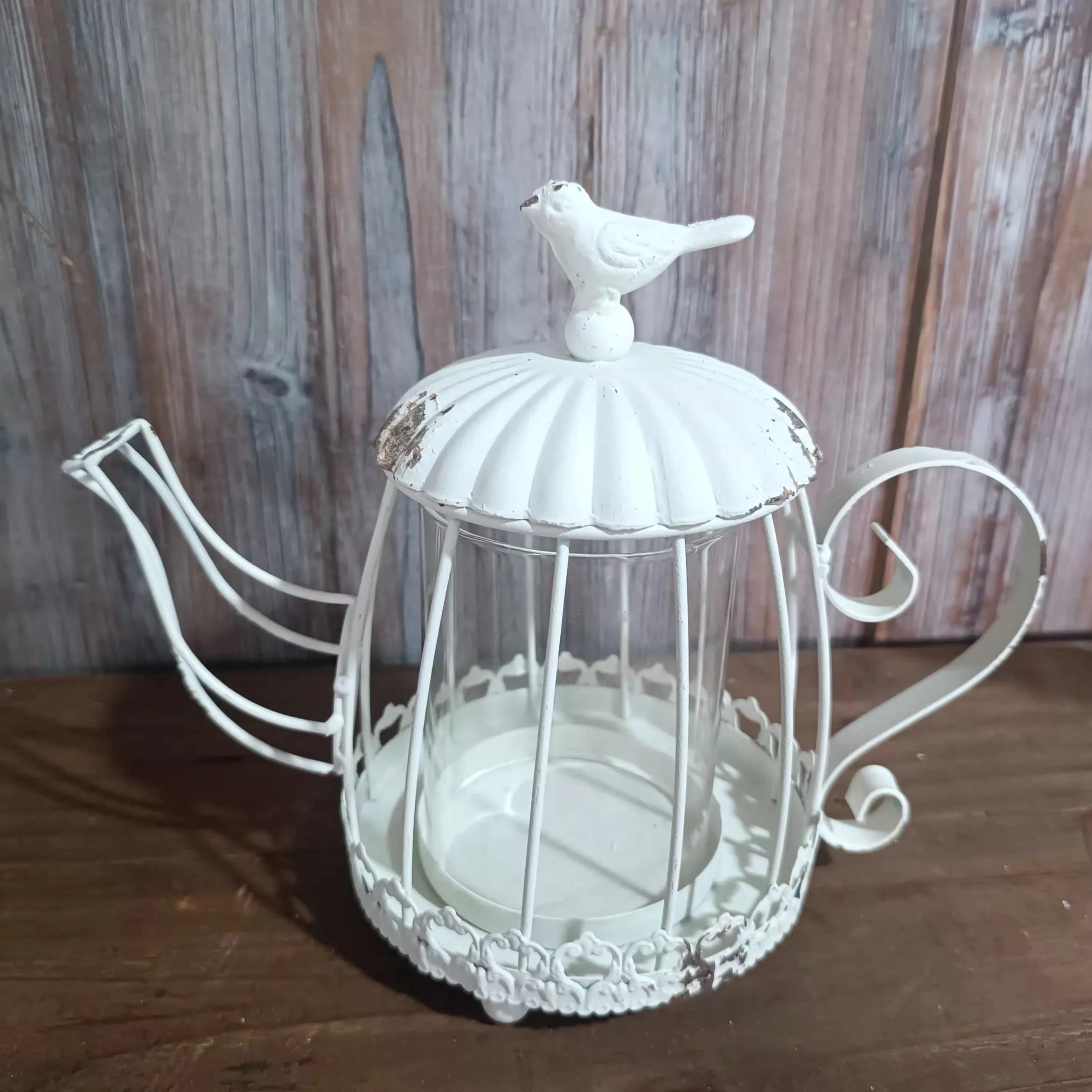 

Vintage White Distressed Metal Teapot Candle Holder with Bird Finial, Rustic Shabby Chic Decorative Lantern with Glass Insert