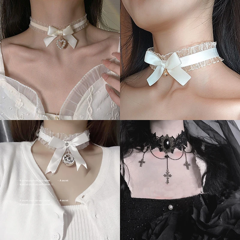 Women\'s Gothic Lace Choker Necklace Retro White Velvet Clavicle Chain Punk Collar Choker Steampunk Party Halloween Jewelry Gift