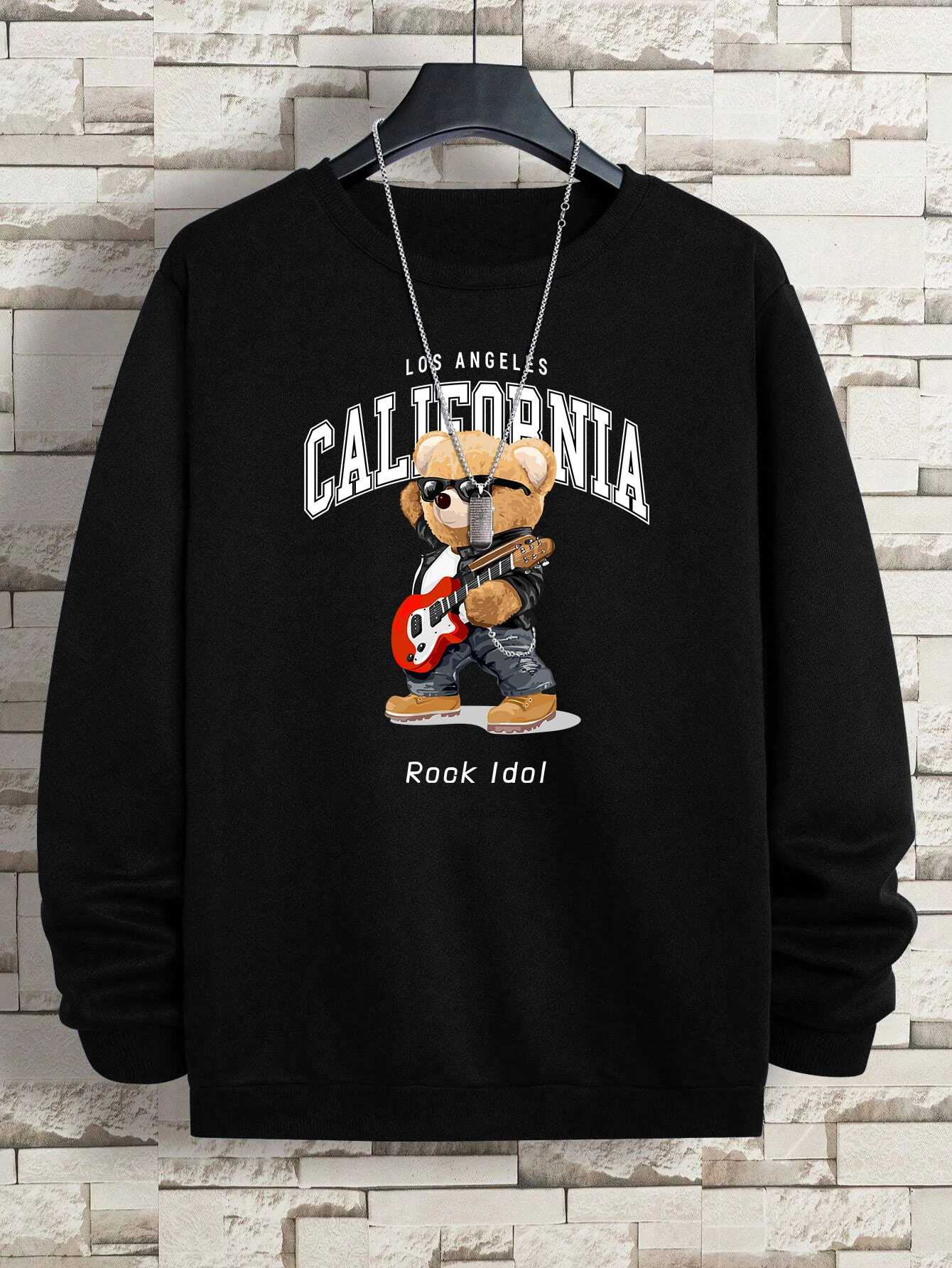 Rook Idol GUITAR Bear Letter Felpa da uomo Hipster in pile Pullover Autunno Girocollo con cappuccio Top larghi casual