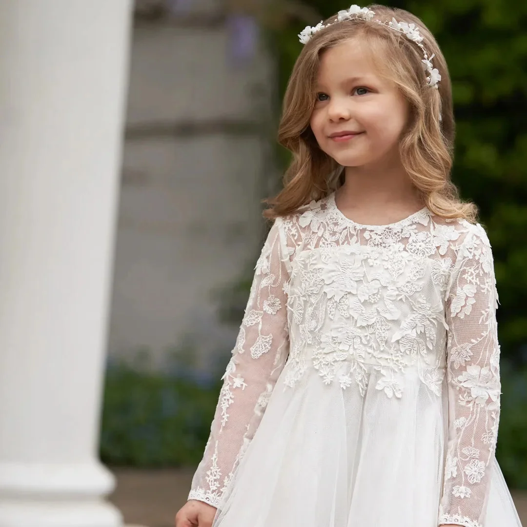 فستان زفاف مخصص بأكمام طويلة لفتاة الزهور البيضاء مزين بالزهور لحفلة موسيقية وأعياد الميلاد وحفلات التواصل المقدس