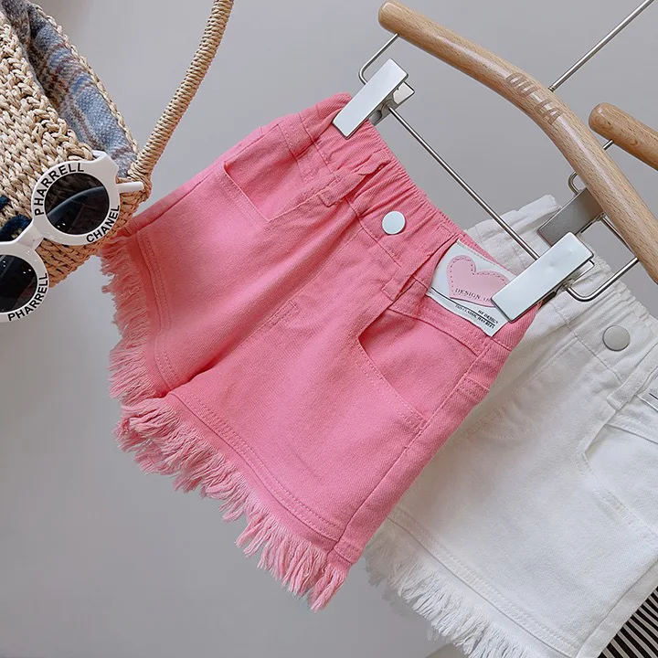 2024 summer new girl Korean version of foreign style with fringe design small A version of elastic denim love shorts