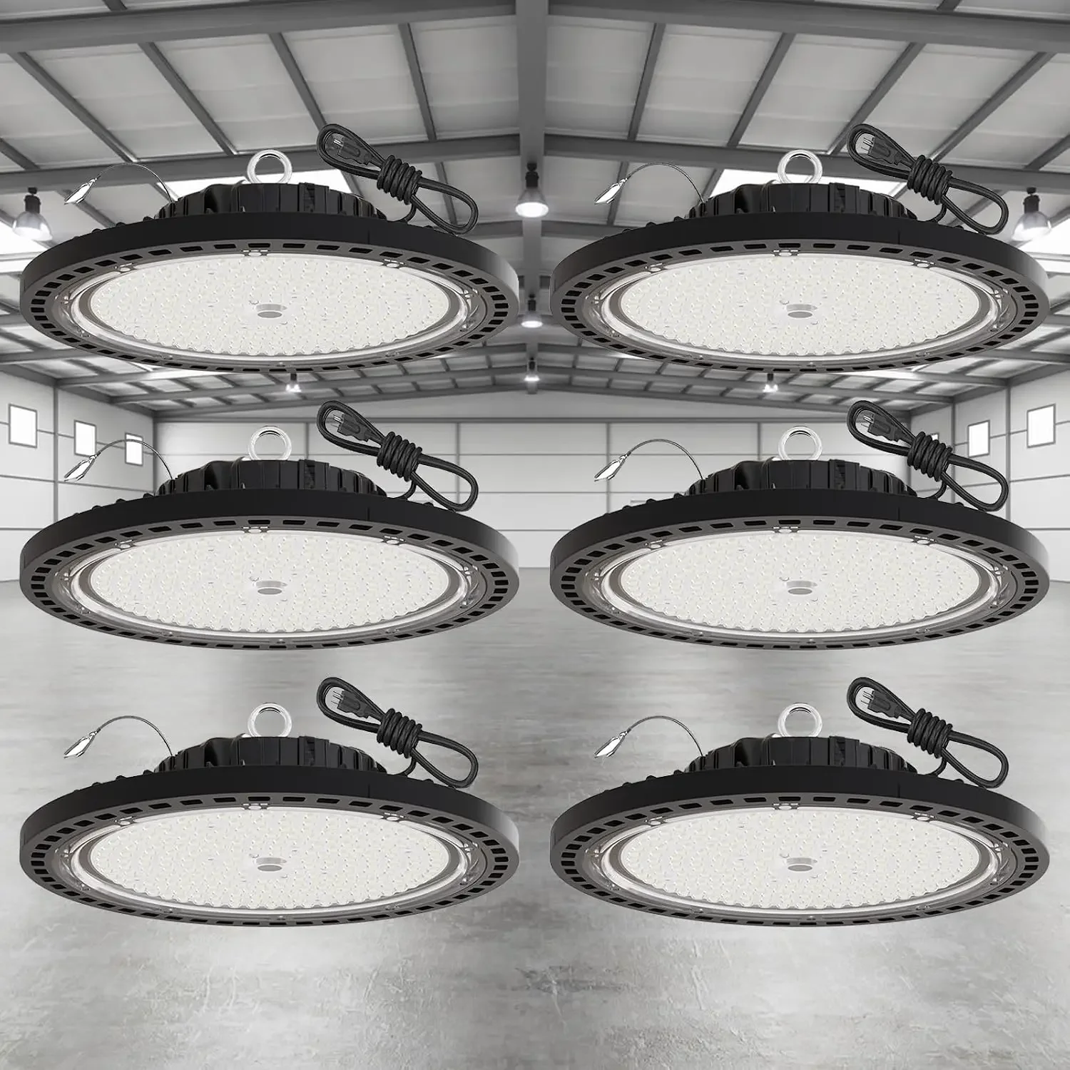 6 Pack UFO LED High Bay Light 250W, 35000 LM, 5000K with 5ft Power Cord, US Plug, Bright LED Shop Light for Basement Commercial