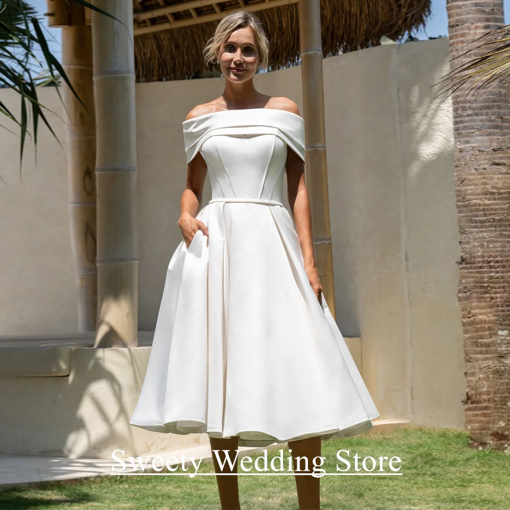 

Short Wedding Dress Detachable Off Shoulder Customized Sweetheart Back Zipper Buttons A Line Tea Length Bridal Gown for Bride