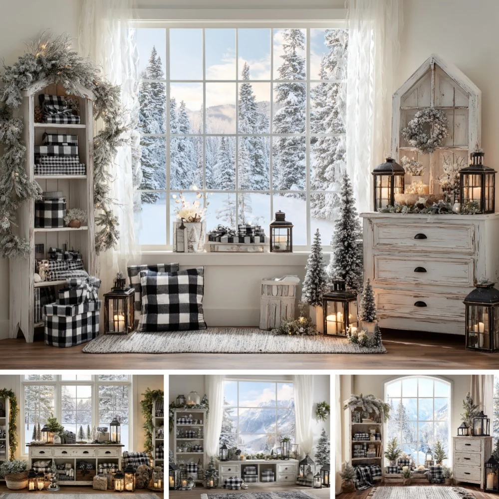 White Rustic Xmas Backdrop Snowy Mountain View Window Greenery Cabinet Lantern Holiday Newborn Photography Shooting Background
