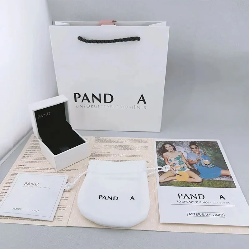 Juego de 6 unidades de cuentas para mujer, anillo y pulsera compatibles con Pandora Original, bolsas de papel de embalaje con logotipo, regalo de joyería