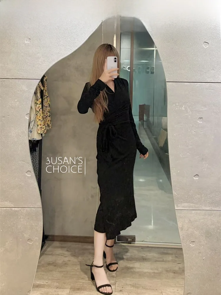 Vestido Clásico Ne de Manga Larga con Cuello en V y Estilo Cruzado, Ajustado, Midi, para Mujer, Estilo Casual, Moderno, pa...