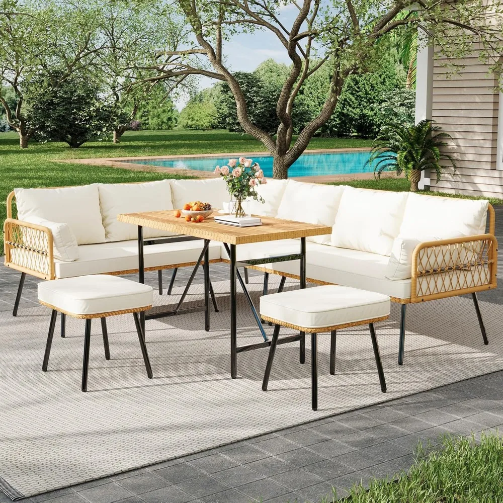 

6 Pieces Outdoor Patio Furniture Set with Table, All-Weather Boho Wicker Rattan Patio Sectional L-Shaped Sofa, Metal Frame, Det
