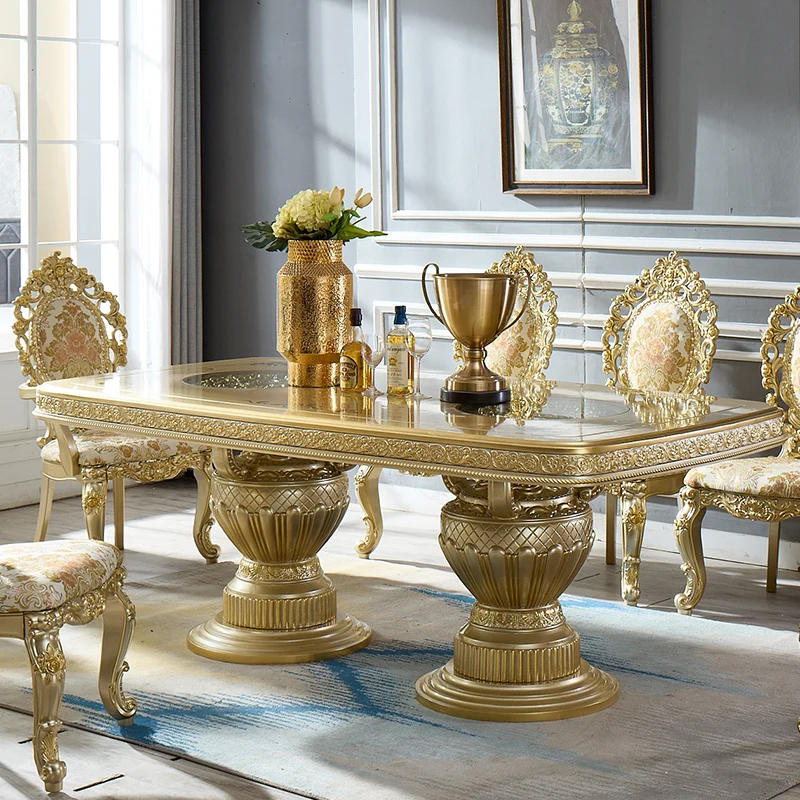 European royal style golden wood dining table and chairs 6 seats 8 seats furniture dining room full set of classic luxury