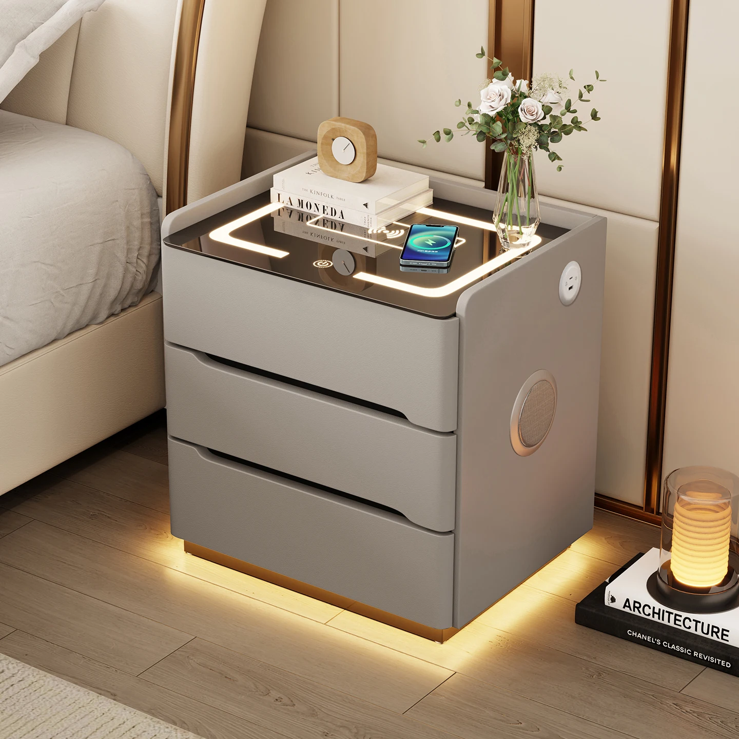 طاولة سرير عائمة مع ضوء حثي، منضدة ذكية حديثة قابلة للقفل، تصميم بسيط، طاولة بجانب السرير بثلاثة أدراج قابلة للشحن #6