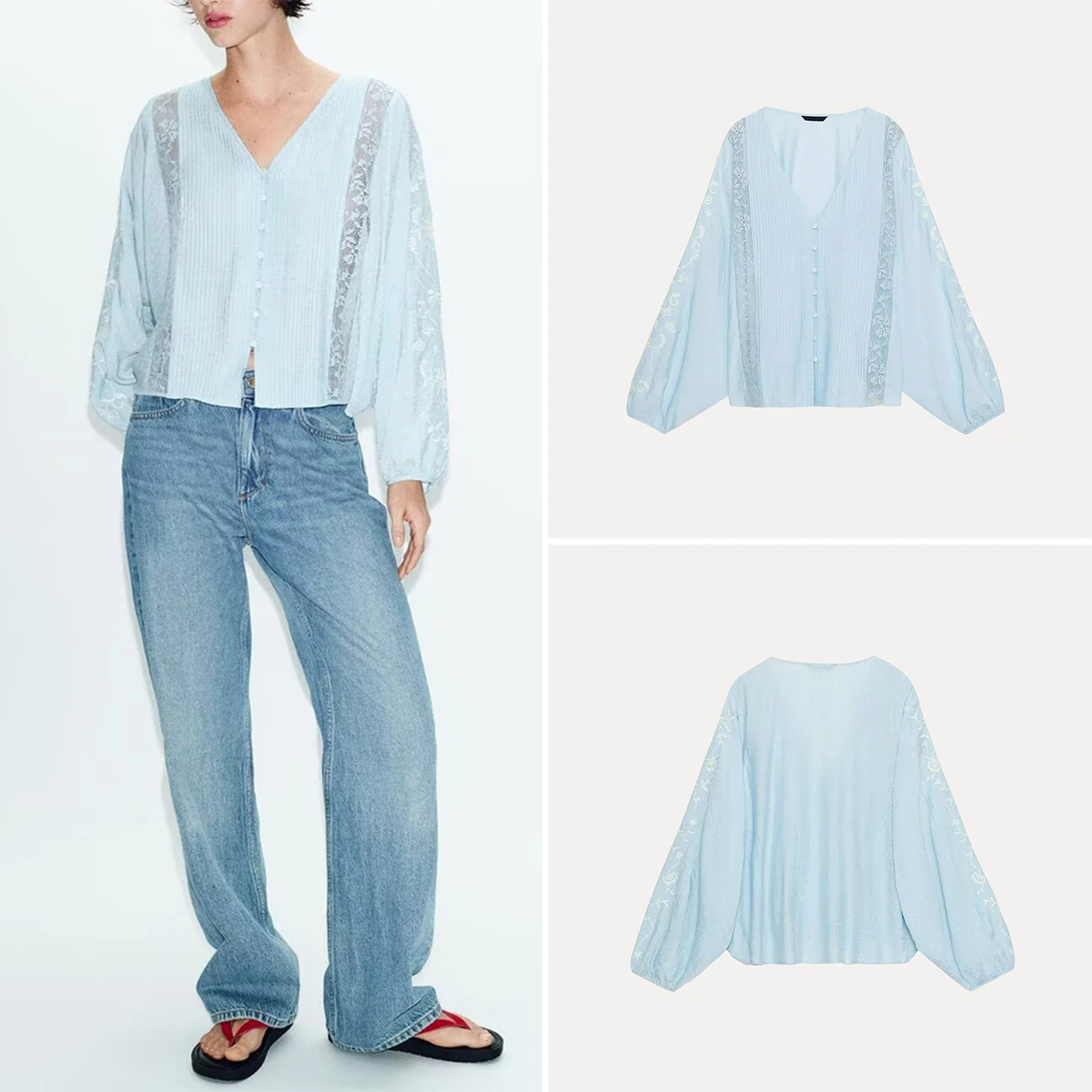 

Loose Long Sleeve V-Neck Embroidered Hollow out Color Block Women's Shirt Spring 2026 Fashion Casual Comfortable Breathable