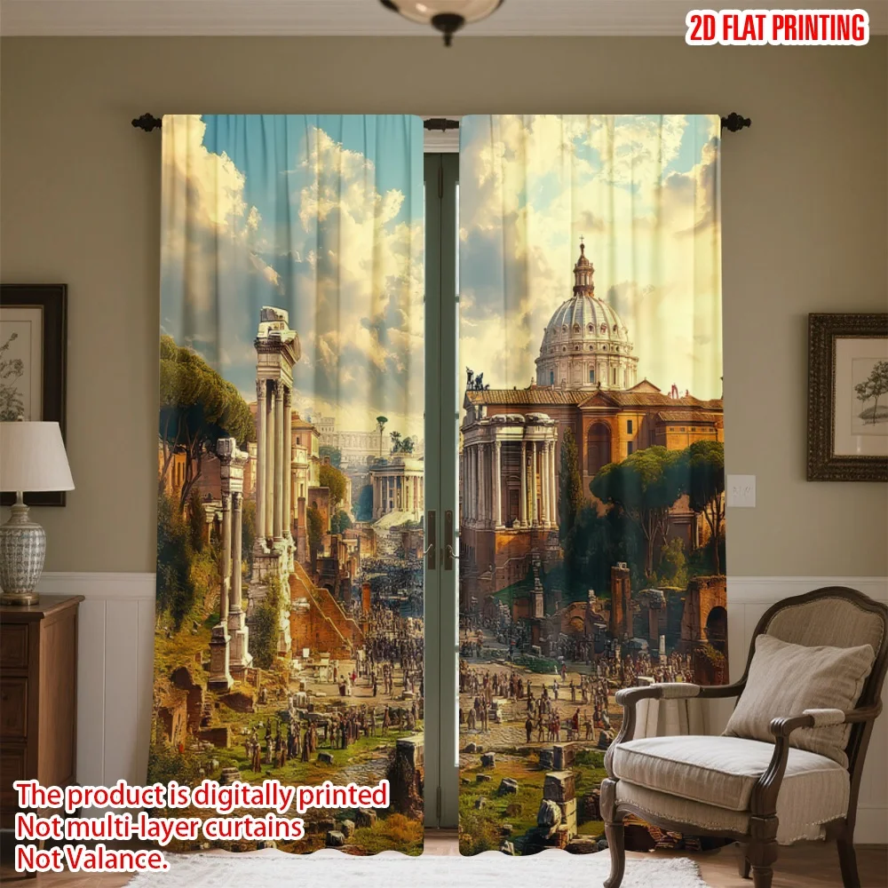 

2D flat printing 2pcs Party Curtain Ancient Roman Cityscape Digital Printed Polyester Drapes Holiday Decorations for Home &