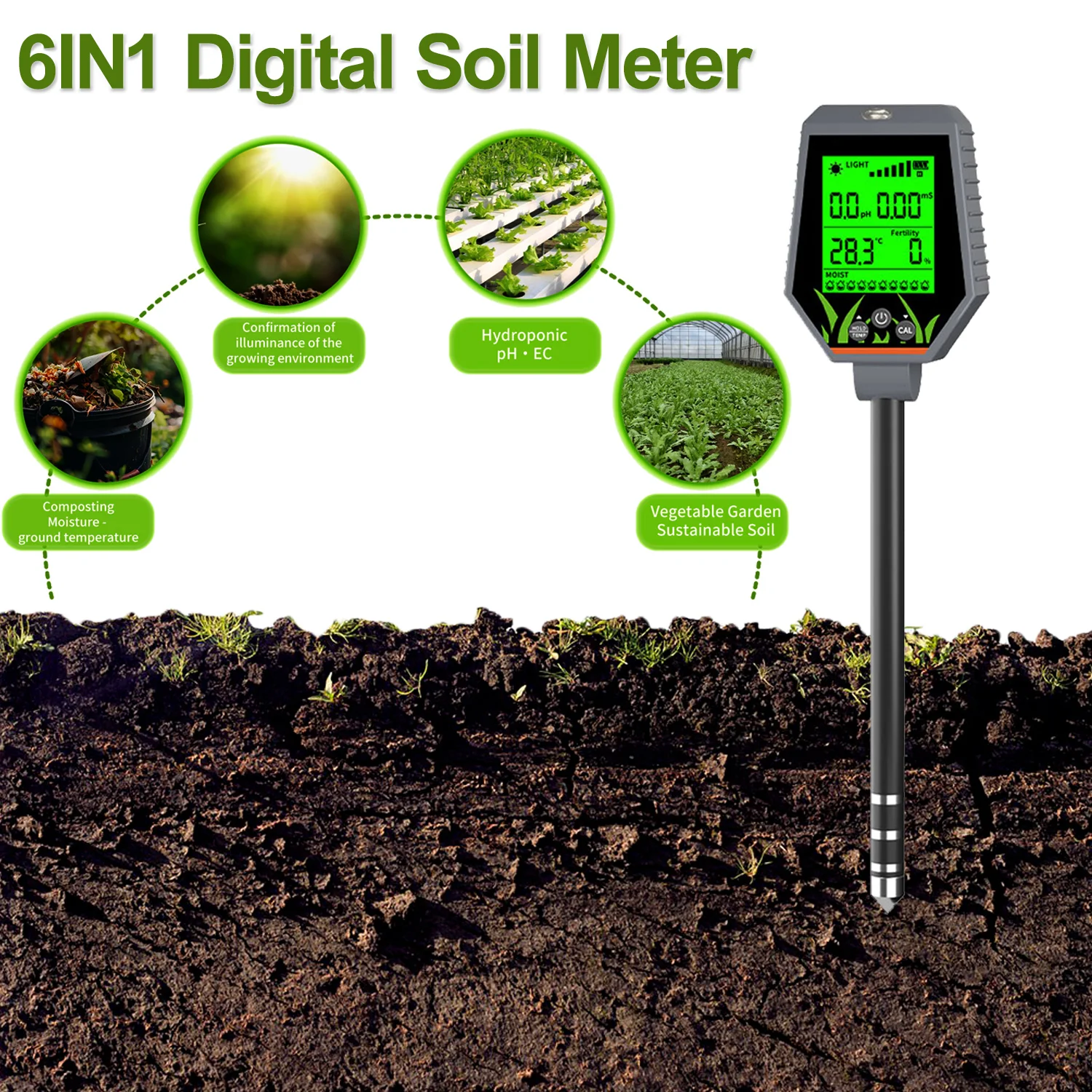 6in1 Multifunctional Soil Meter Ph Tester EC/Light/Moisture/Fertility Tester Thermometer Removable Panel for Garden Cultivation