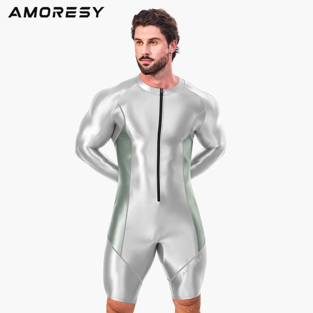 AMORESY Men Tracksuits Sets Tops Leggings Shiny Glossy Sports Fitness Running Front Zipper Overall Catsuit All-purpose Jumpsuits