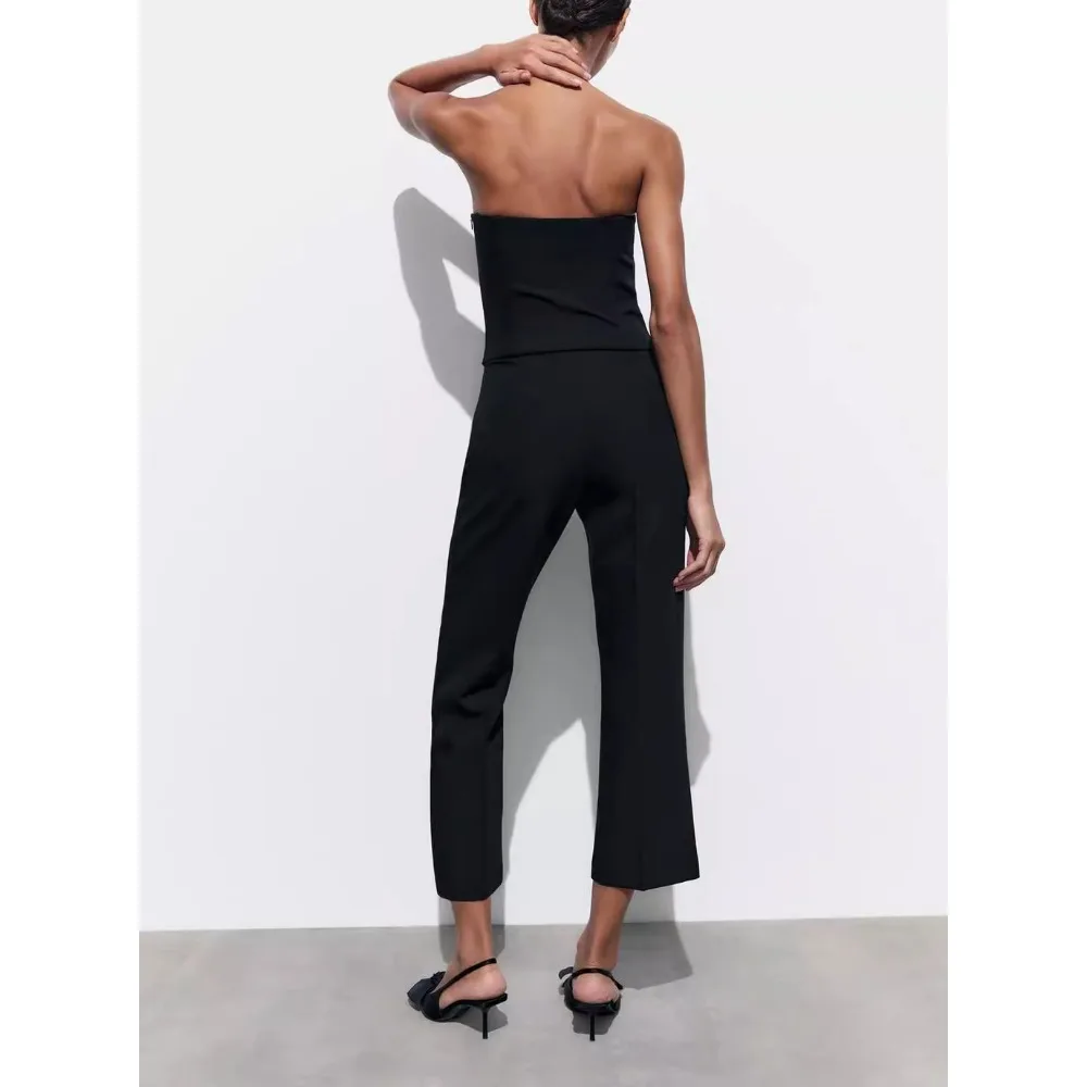 จั๊มสูทผู้หญิงแฟชั่นปี 2025 แขนกุด เปิดหลัง ซิปด้านข้าง แต่งโบว์ 3 มิติ โปร่ง จั๊มสูทขายาวทรงกระบอก สีดำ ผอมเพรียว