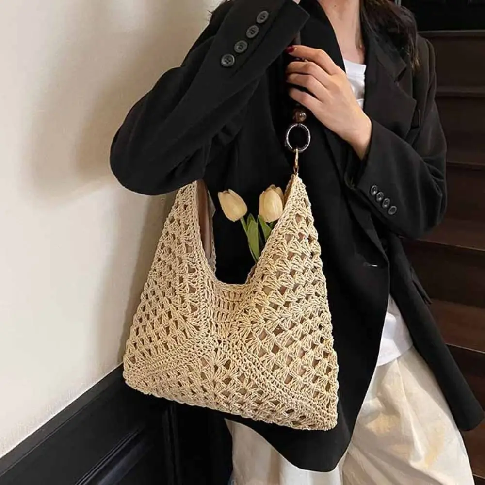 

Hollow Out Straw Woven Bag Beach Handbag Large Capacity Bohemian Beach Bag Tote Bag Bucket Bag Hollow Shoulder Bag Holiday