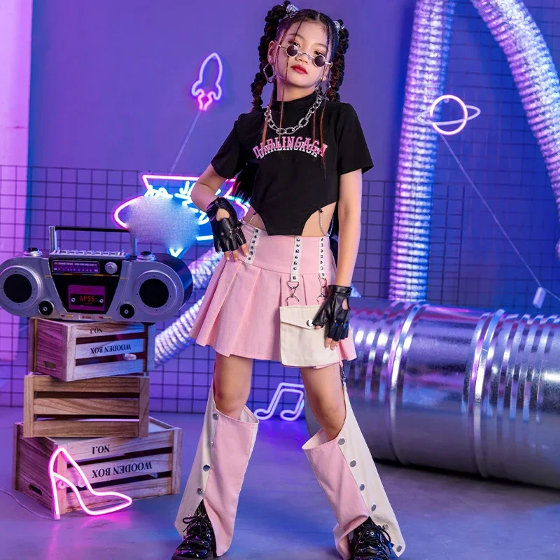 Kinder Zwarte Crop Tops Roze Broek Pak Mode Hip Hop Dansen Rave Kleding Meisjes Jazz Moderne Dans Kostuums