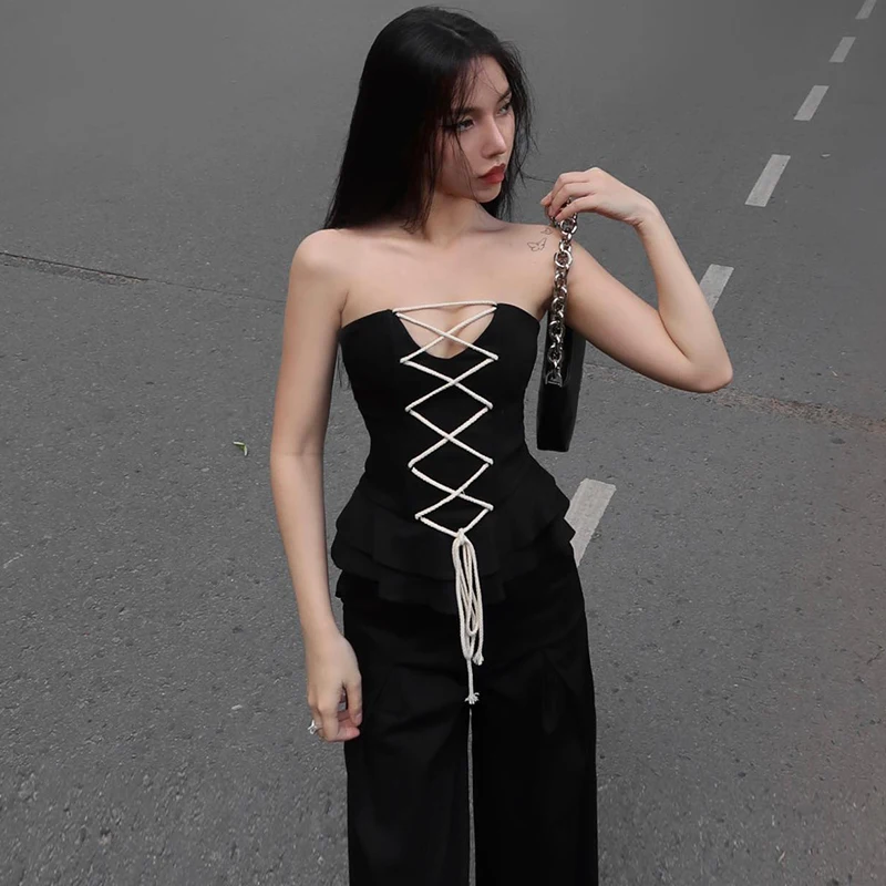 Street Sexy Backless Slim Fit Cross Bandage senza spalline donna Top senza spalline elegante Y2k ragazze Crop Top Club XY23328CP