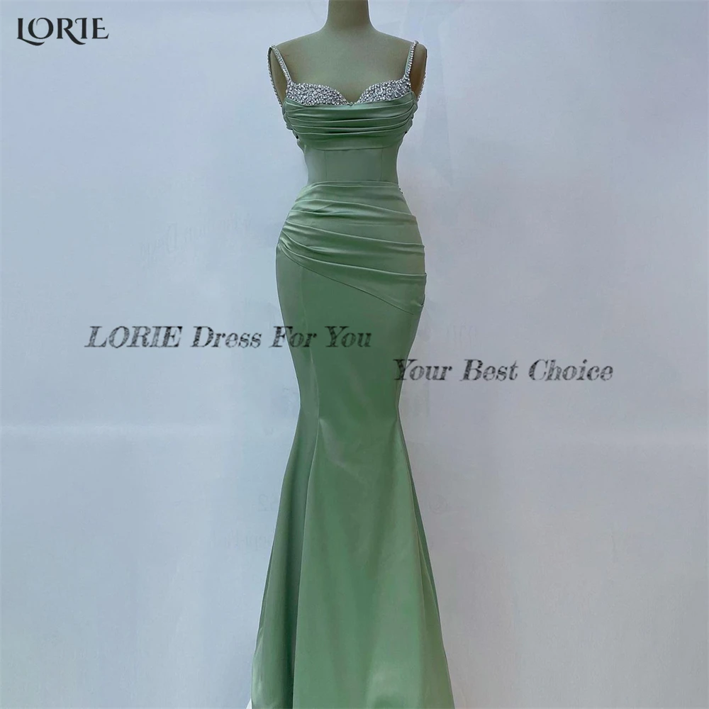 LORIE Glitter Forest Green Mermaid Evening Dresses Sparkly Spaghetti Straps Pleated Prom Dress Satin Arabia Bride Party Gowns