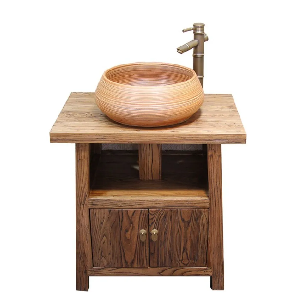 K532 Wholesale Solid Wood Floor to Earth Antique Small Apartment Countertop Basin Old Elm Retro Chinese Bathroom Cabinet Combina