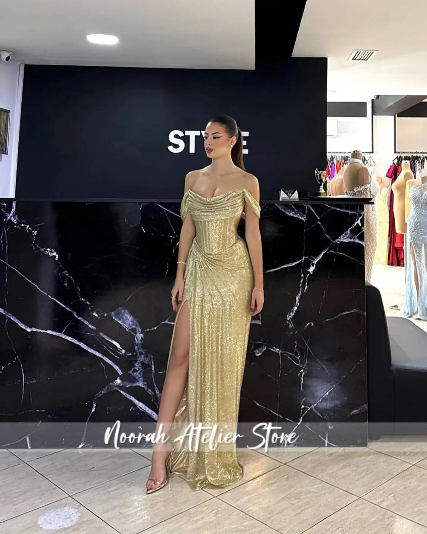 Elegant Gold Off Shoudler New Luxury High Quality Women Evening Dress 2025 HIgh Slit Wedding Long Party Gown Vestidos Customized