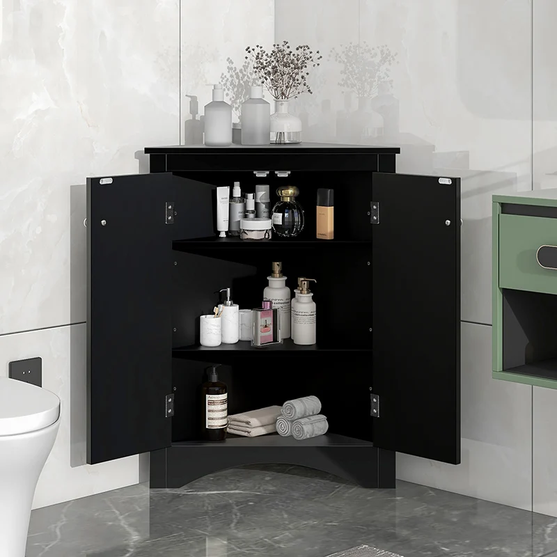 

Black Triangle Bathroom Storage Cabinet with Adjustable Shelves, Freestanding Floor Cabinet for Home Kitchen