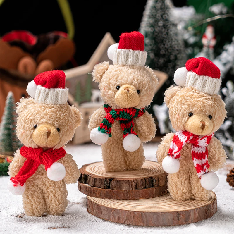 Christmas Plush Bear Scarf Gifts Kids Cute Brown White Bear Christmas Drop Ornaments Home Decor Cake Toppers