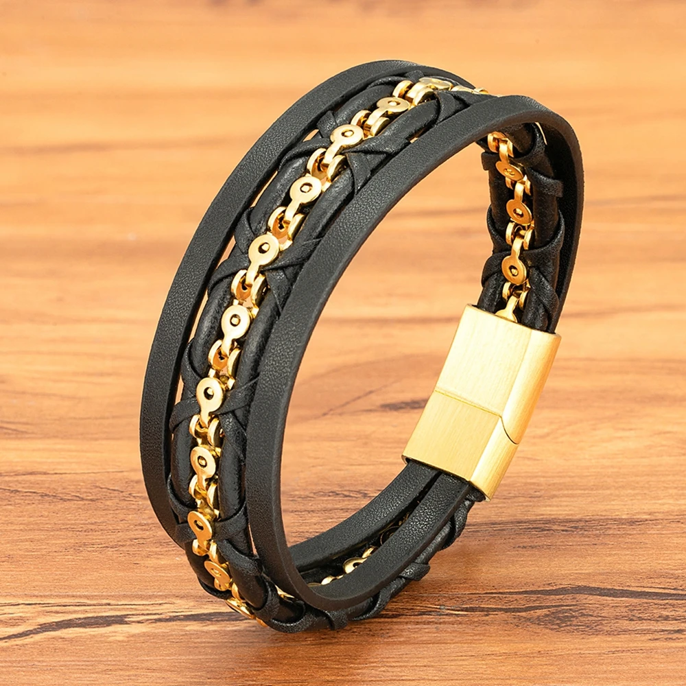 TYO Trendy Multilayer Leather Mens Bracelet Stainless Steel Magnetic Buckle Chain Bangles Jewelry Gift Wholesale Dropshipping