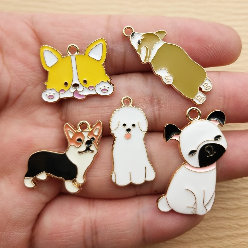 10pcs Dog Charm for Jewelry Making Enamel Necklace Earring Pendant Diy Accessories Alloy Metal Gold Plated