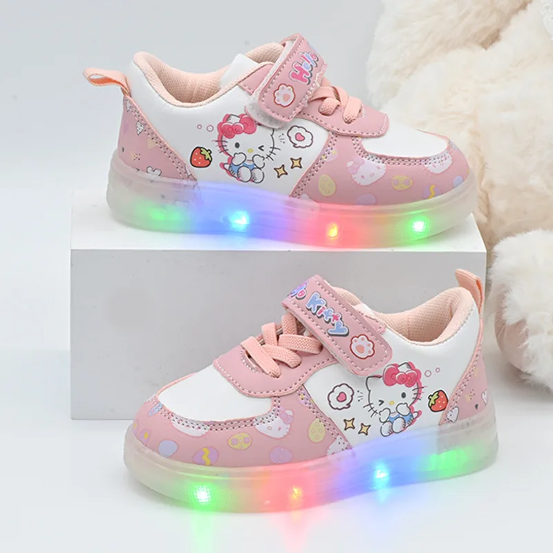 

2025 LED Kids Shoes for Girls Cute Cartoon Hello Kitty Shoes Baby Girl Kawaii Canvas Shoes Soft Bottom Sneakers Casual Shoes