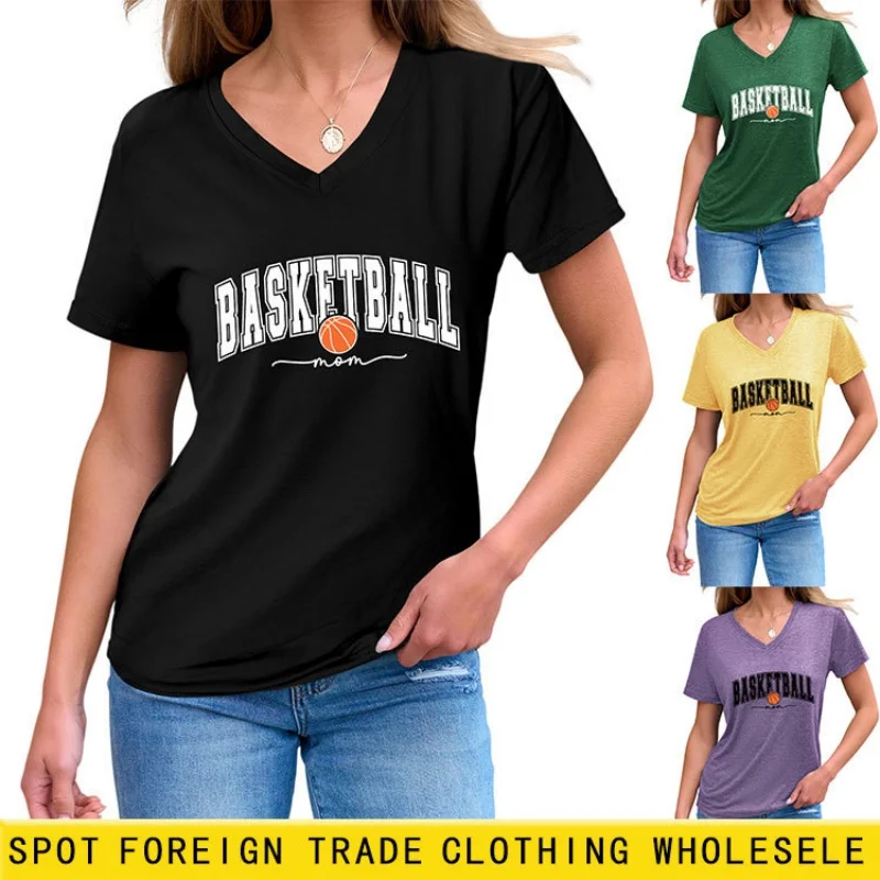 

American-style retro black short-sleeved T-shirt for women, featuring a summer design with a loose V-neck top.