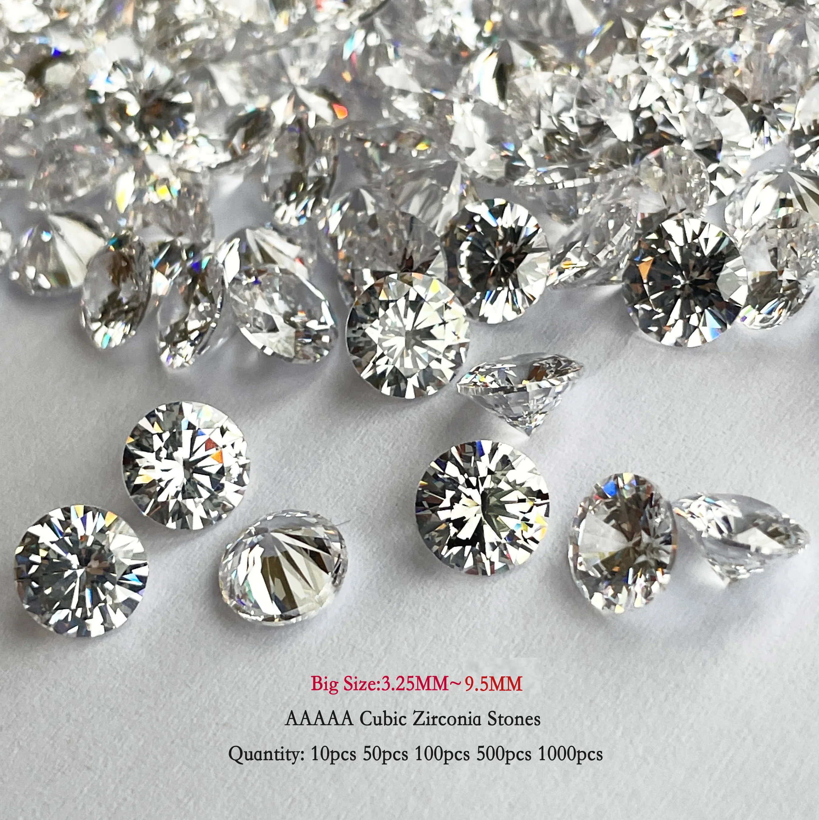 

5A Quality 3.25~9.5mm Big Sizes CZ Loose White Cubic Zirconia Stone 10pcs 500pcs Round Cut CZ Synthetic Gems For Jewelry DIY